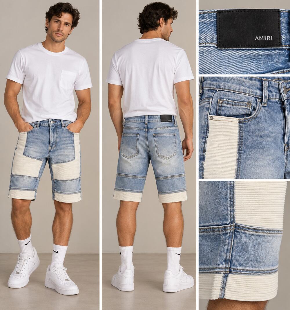 AMIRI Patchwork Denim Shorts Men 32 Light Wash Ribbed Panel Stretch Designer